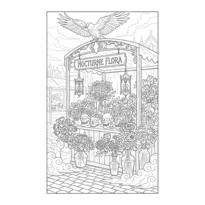 A gothic flower market stall at night, a stall with black roses, deep purple coloring page