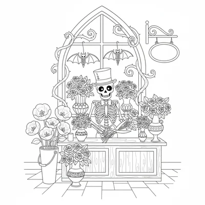 A gothic flower shop with black rose bouquets in dark vases in the window coloring page