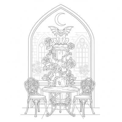 A gothic garden terrace with iron furniture, a round table and two chairs, rose coloring page