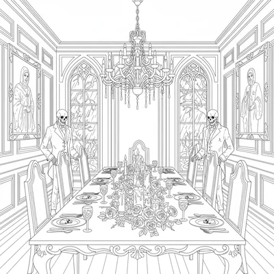 A gothic manor dining room fully set, a long table with a chandelier above, six coloring page