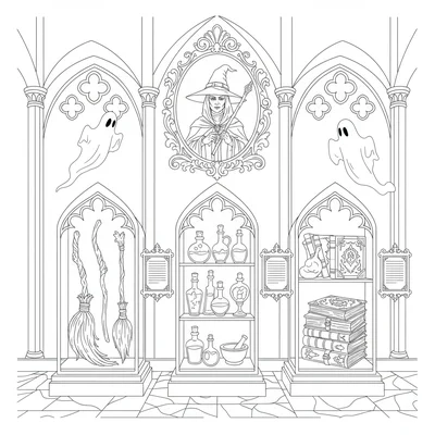 A gothic museum exhibition room displaying witchcraft history, glass cases coloring page
