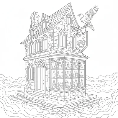 A gothic noir apothecary street corner at night, a stone building coloring page