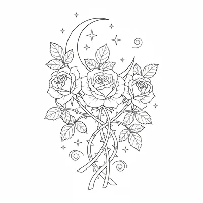 A gothic rose arrangement, three roses with thorny vine stems, a crescent moon coloring page