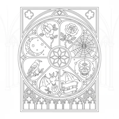 A gothic rose window, a circular window design divided into six sections, each coloring page