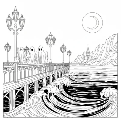 A gothic seaside scene at dusk with a pier extending over dark water coloring page