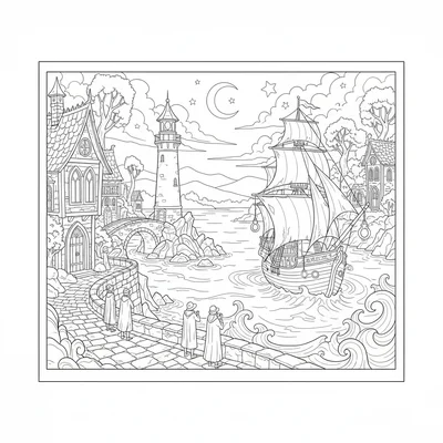 A gothic seaside village at dusk with dark stone buildings along a waterfront coloring page