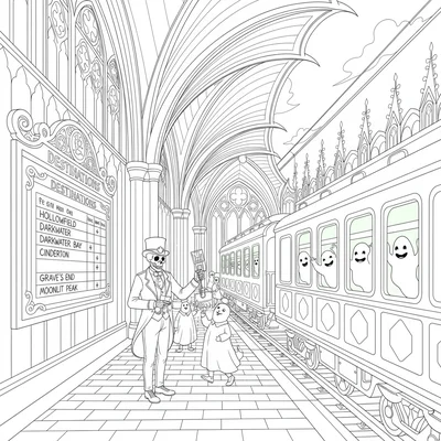 A gothic train station at midnight with a ghost train departing, pale green coloring page