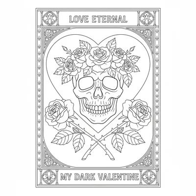 A gothic Valentine's Day scene, a skull with roses around it on a heart-shaped coloring page
