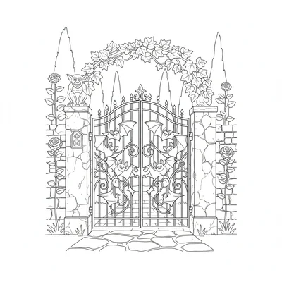 A Gothic Victorian garden gate in a stone wall, the gate made of black iron coloring page