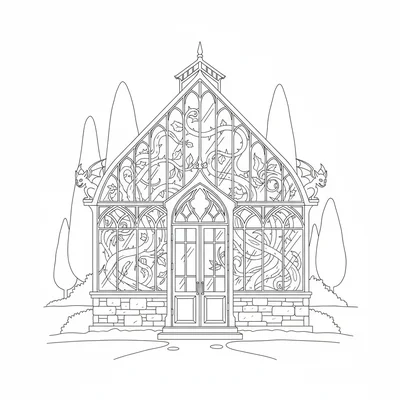 A gothic Victorian greenhouse with a pointed glass roof, dark vines growing coloring page