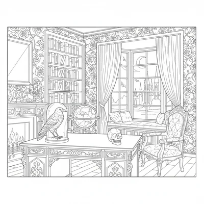 A gothic Victorian study interior with a taxidermy raven under a glass dome coloring page