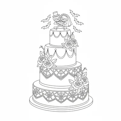 A gothic wedding cake, a four-tiered cake with black and white fondant tiers coloring page