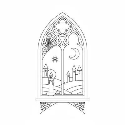 A gothic window with a pointed arch frame, a spider web in one corner coloring page