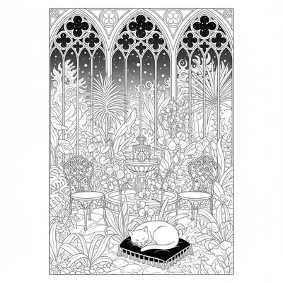 A gothic winter conservatory scene, snow falling outside the glass walls coloring page