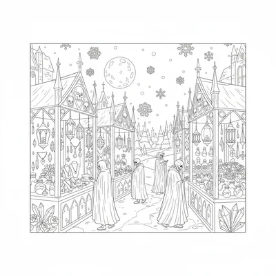 A gothic winter market at night, market stalls with gothic iron canopies, black coloring page