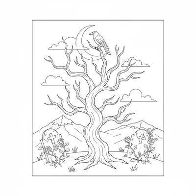 A gothic winter scene, a bare tree with twisted branches, a raven perched coloring page