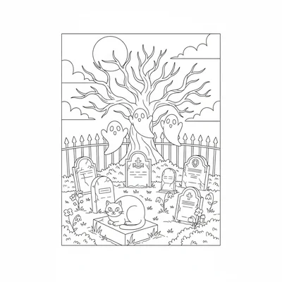 A graveyard garden with carved headstones, a few friendly ghosts hovering above coloring page