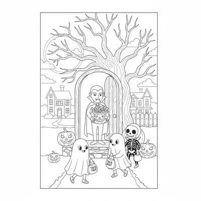 A Halloween trick-or-treat neighborhood scene, two ghost children and one coloring page