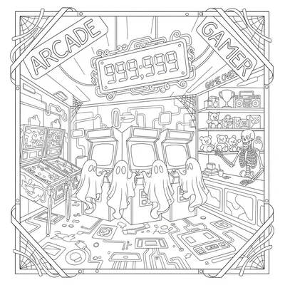 A haunted arcade with ghost players, a dark neon-lit arcade with four cabinet coloring page