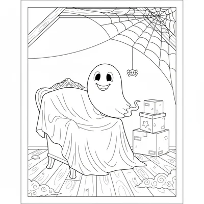 A haunted attic with dust on the floor, old boxes in the background, a friendly coloring page