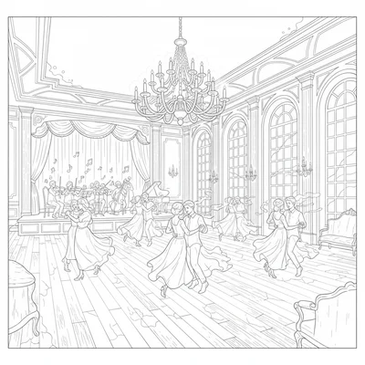 A haunted ballroom at sunrise, a large ballroom coloring page