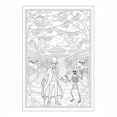 A haunted carnival midway scene, a long avenue of game booths coloring page