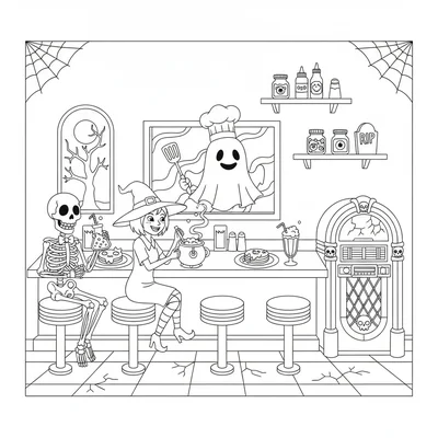 A haunted diner counter scene, a diner counter with four stools, a ghost cook coloring page