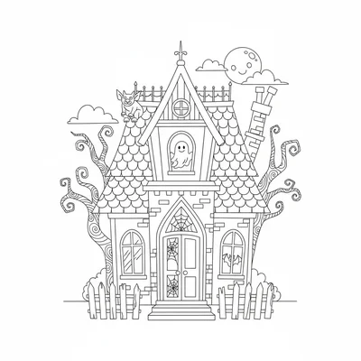 A haunted dollhouse exterior viewed straight-on, with tiny gothic architecture coloring page