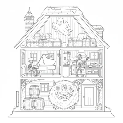 A haunted house cross-section view showing three floors simultaneously coloring page
