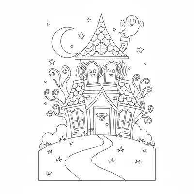 A haunted house facade with two windows showing friendly face shapes coloring page