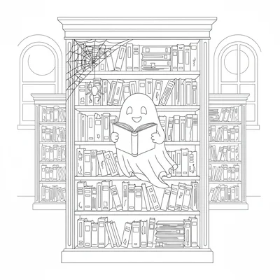 A haunted library bookshelf with rows of old books, a ghost reading one book coloring page