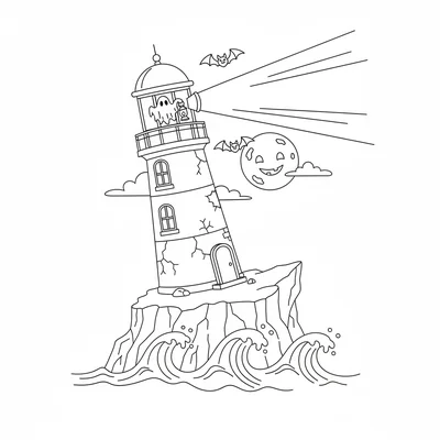 A haunted lighthouse on a rocky cliff with a round light at the top beaming coloring page