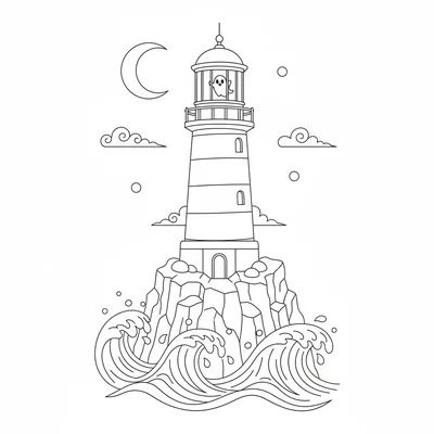 A haunted lighthouse on a rocky cliff, a tall striped lighthouse with a glowing coloring page