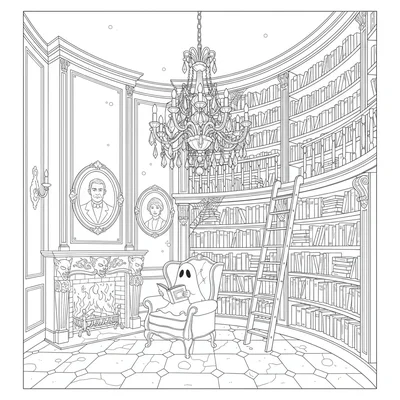 A haunted mansion library interior with a massive two-story bookshelf filling coloring page