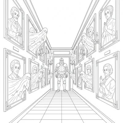 A haunted portrait gallery hallway, a long corridor with heavy framed portraits coloring page