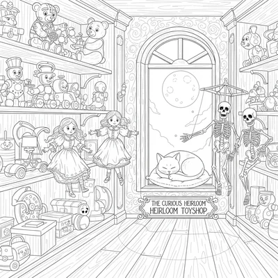 A haunted toy shop after closing, a toy shop at night coloring page