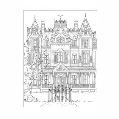 A haunted Victorian mansion facade viewed head-on with three stories, peaked coloring page