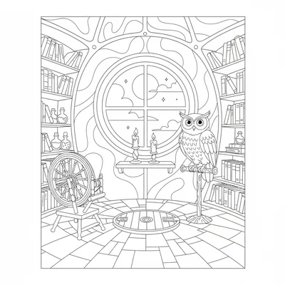 A magical witch's tower room interior, a circular tower room with a round coloring page
