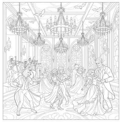 A monster ball in full swing in a gothic ballroom, a mummy, a vampire coloring page