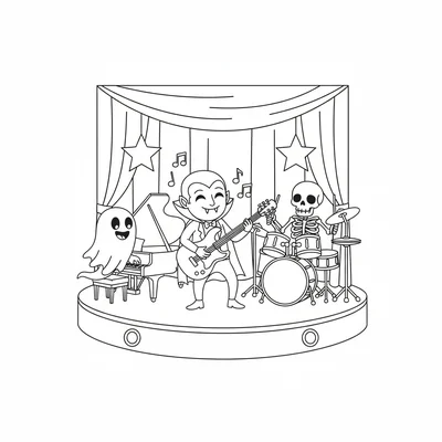 A monster band performing on a small stage, a vampire on guitar, a skeleton coloring page