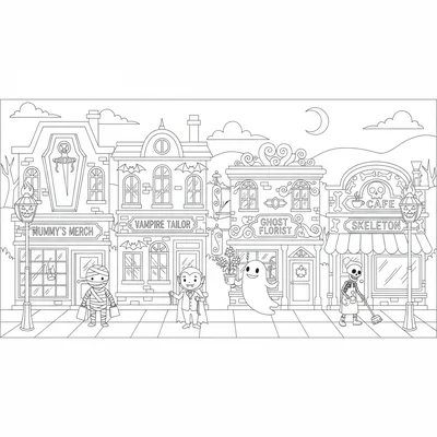 A monster village main street at dusk, a row of cartoon buildings including coloring page