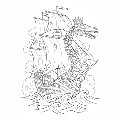 A Mosasaurus as a ghost ship figurehead, its long body curving from the bow of… coloring page