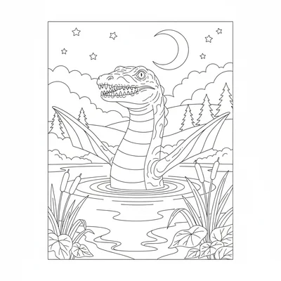 A Mosasaurus emerging from a misty lake at night, its long… coloring page