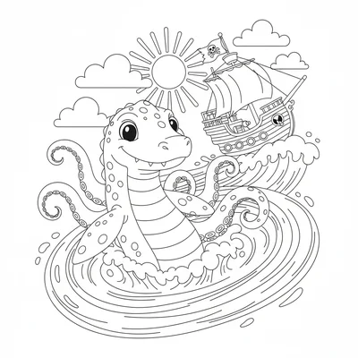 A Mosasaurus kraken hybrid, tentacles emerging alongside it… coloring page