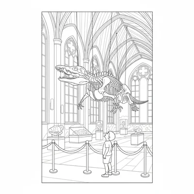 A Mosasaurus skeleton displayed in a grand museum hall with… coloring page