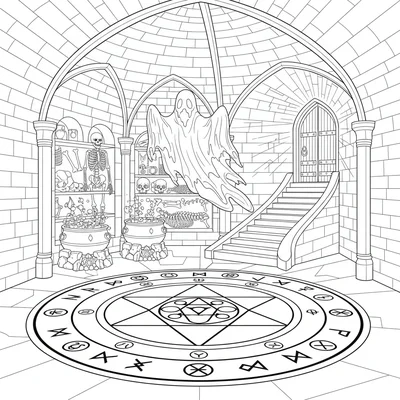 A necromancer's underground laboratory, a vaulted stone room with a large coloring page