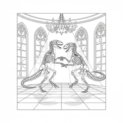 A pair of Velociraptor skeletons having a friendly dance in a moonlit ballroom,… coloring page