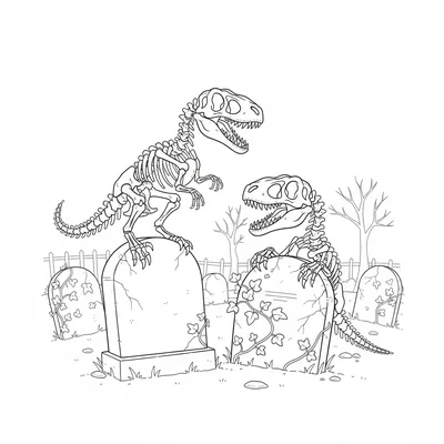 A pair of Velociraptor skeletons playing among tombstones i… coloring page