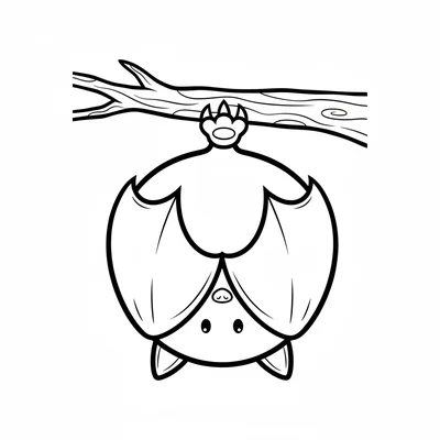 A simple round bat hanging upside down from a branch, wings folded around its coloring page