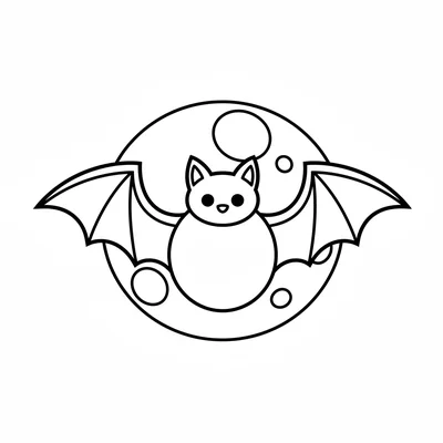 A simple round bat outline drawing with wings fully spread, a tiny round body coloring page